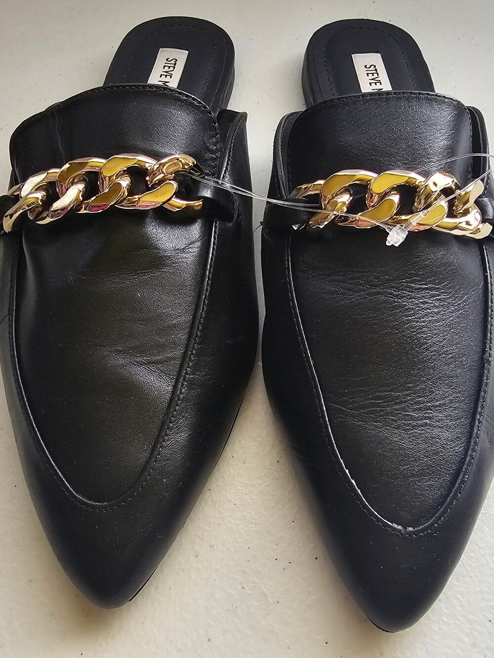 Steve Madden Black Leather Slip-On Mules with Gold Chain Size 10 NWOT